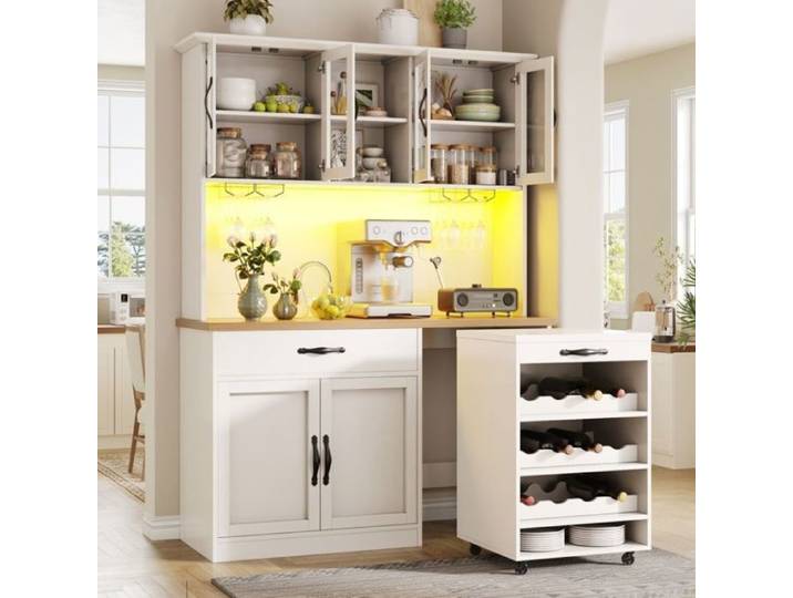 Meuble de Cuisine Élégant LED à Changement de Couleur Anti-Basculement 3 Colis Montage Flexible blanc BUFFET DE CUISINE