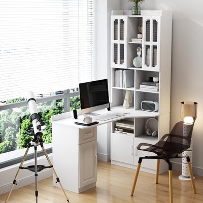 Aura Study Modern Style Table with Drawers, Bookshelf & Hutch, 2-in-1 L-Shaped Design