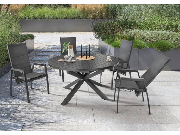 Garten-Essgruppe DESTINY COSTA HL ARONA 4 HL+ Ausziehtisch Ø145/199cm, anthrazit , grau (anthrazit), Synchron-Auszug, Sitzmöbel-Sets, Garten-Essgruppe, Aluminium, Textilene
