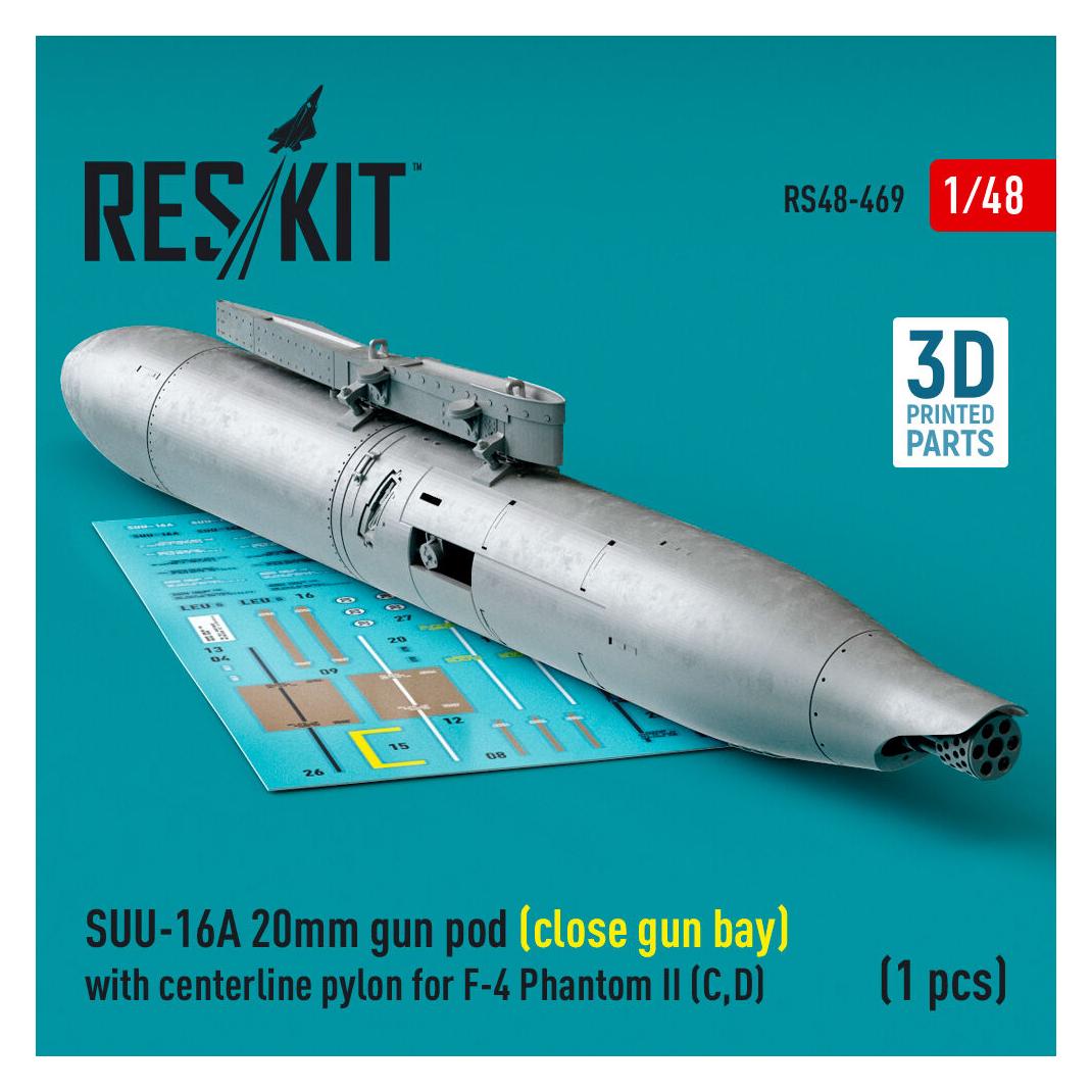 ResKit SUU-16A 20mm gun pod (close gun bay) with centerline pylon for F-4 Phantom II (C,D) (1 pcs) (3D Prin (RS48-0469)