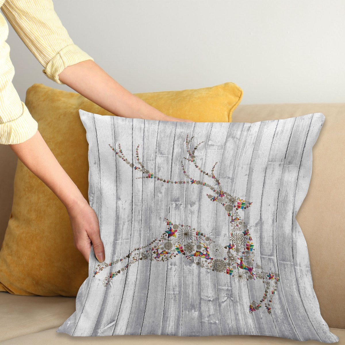 ABAKUHAUS Hirsch Kussenhoes Kerstmis Dier Rustikal, Meerkleurig Grijs, 45 x 45 cm