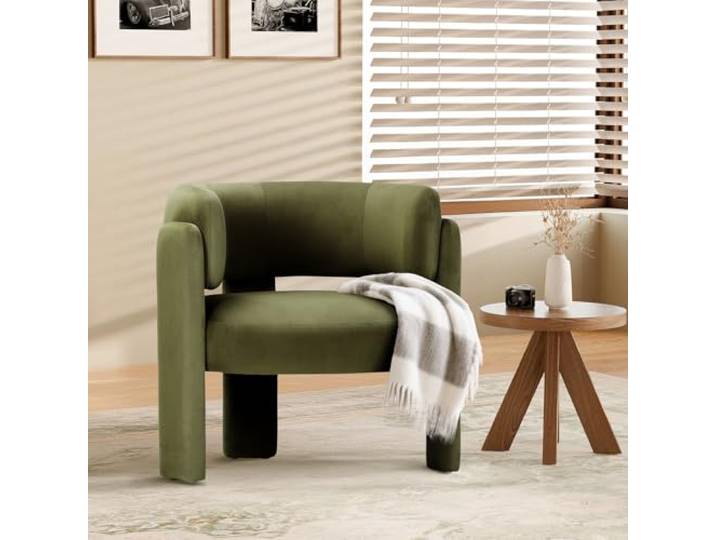 COLAMY Modern Velvet Ohrensessel, Gepolsterter Sessel Wohnzimmer, Bequemer Runder loungesessel mit 3 Beinen für Wohnzimmer, Schlafzimmer, Leseecke, Grün