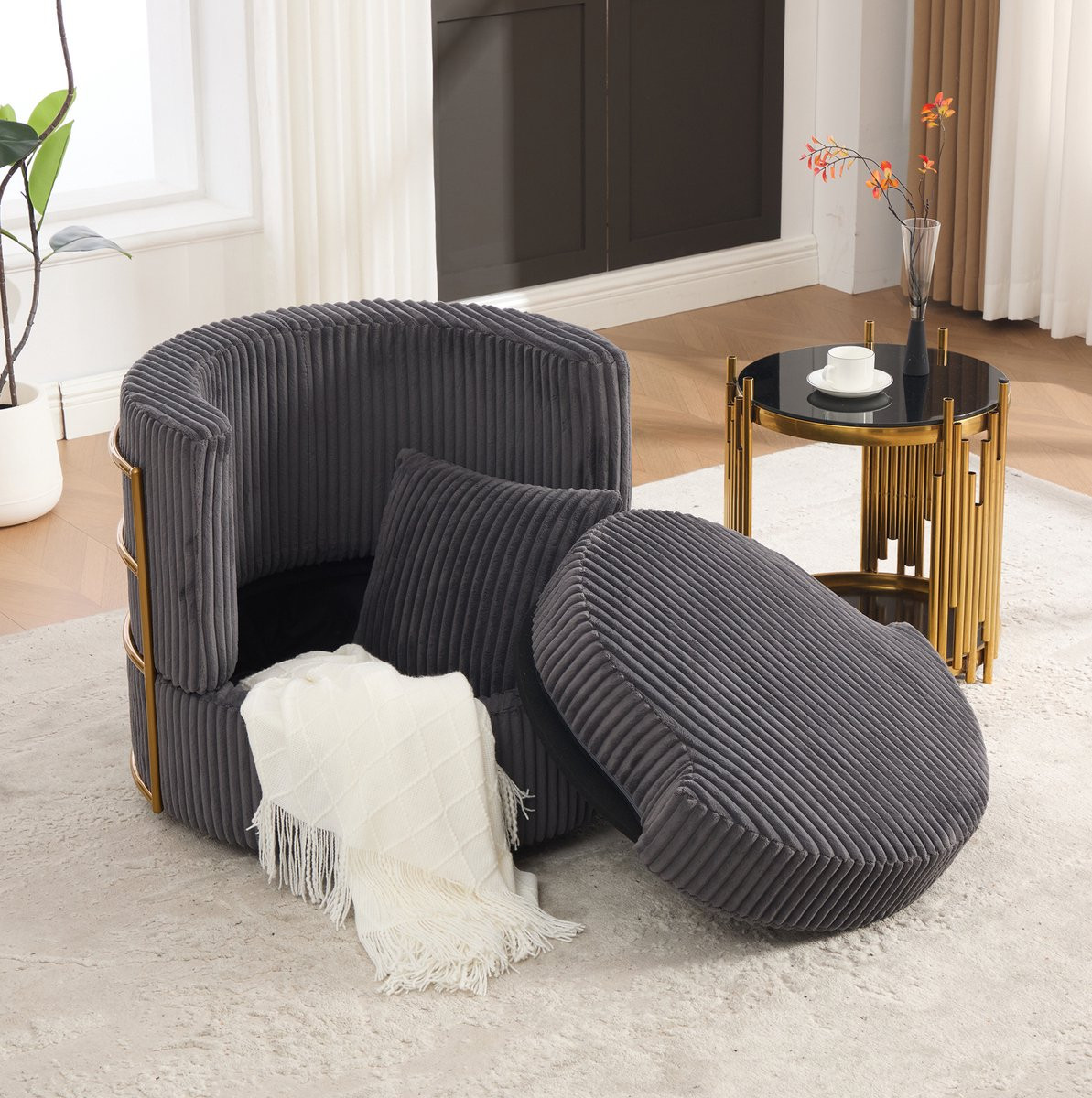 FloraGrace Fauteuil – 360 Graden Draaibare Cord Fauteuil met Armleuningen en Opbergruimte – Grijs