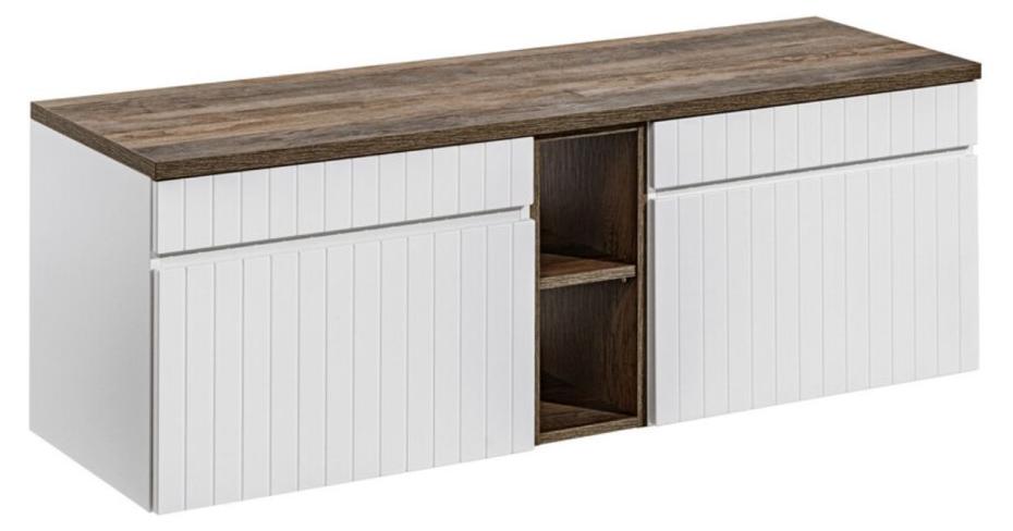ICON Set weiß: Waschtischunterschränke 140cm mit sichtbaren Nischen + Platte für Waschbecken in dunkler Holzoptik
