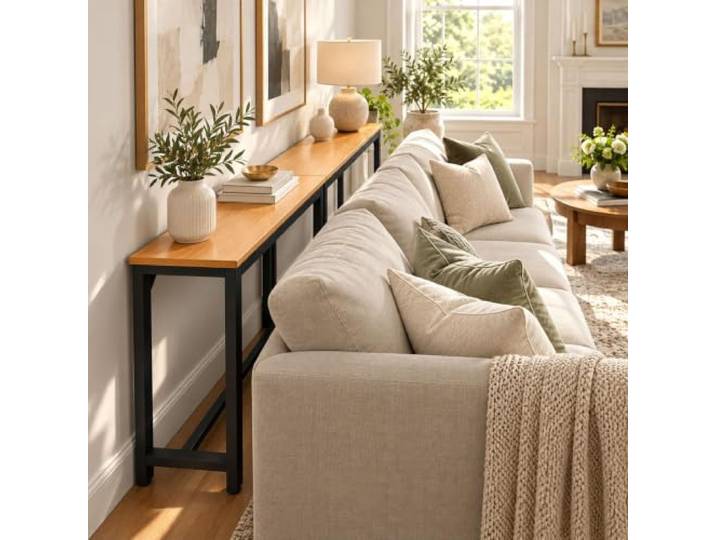 ZEOPLE Konsolentisch hinter Sofa 2 Ebenen Holz und Metall Schmal Hinter Sofa, 2 Ebenen, 200 kg, 20 cm tief, höhenverstellbare Füße, Holz Metall(Black+Walnut,39.4x7.9x29.5in)