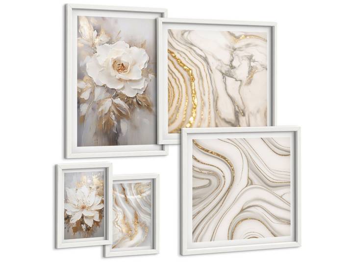 BILDER SET 5er Set - 50x50 cm & 20x30 cm & 40x60 cm Weißer Rahmen - Subtile abstrakte Muster