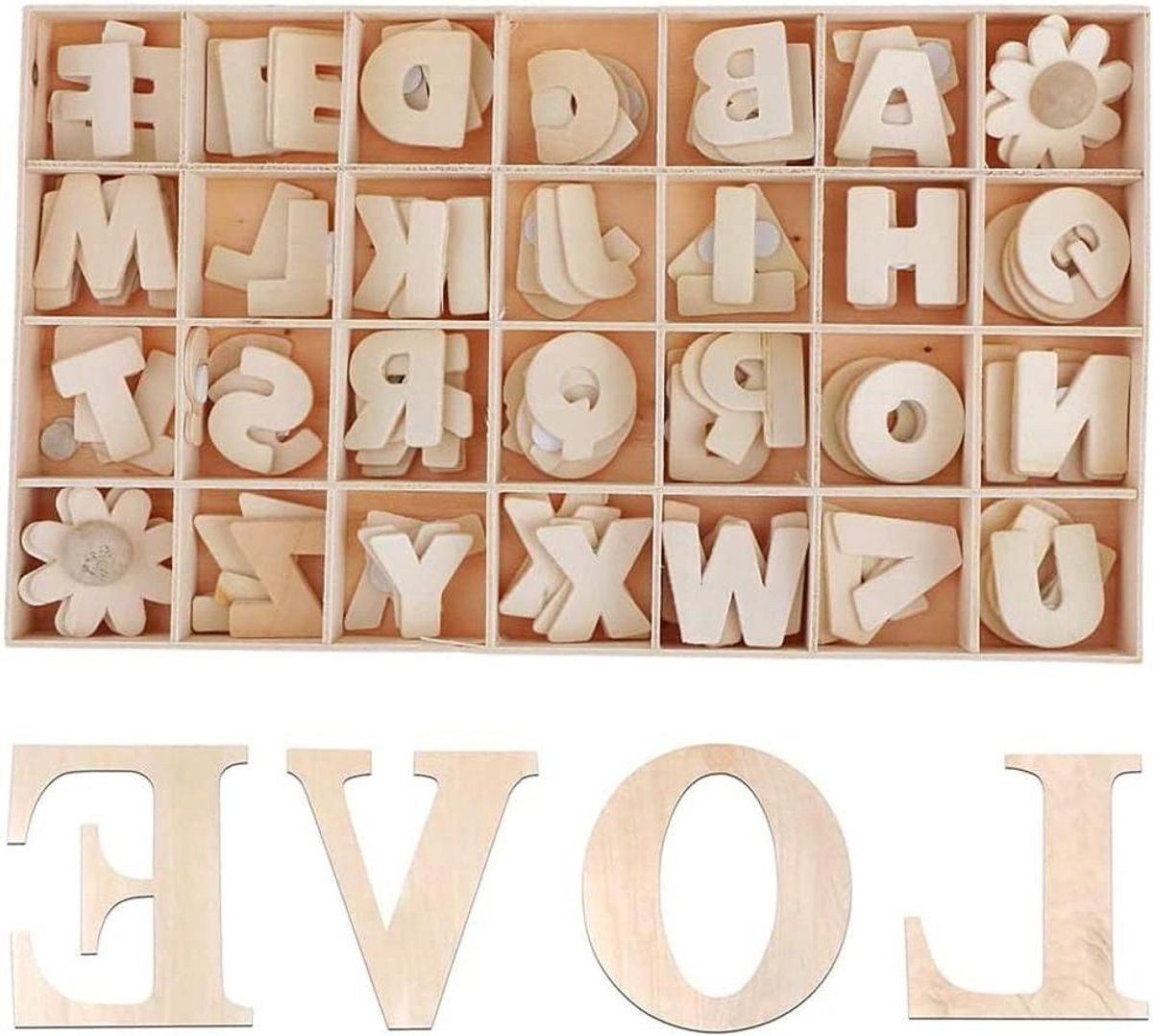 Alfabet Ambacht Houten Letters Bloem met Opbergdoos - 112 Stuks - Natuurlijk Hout