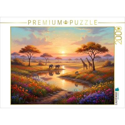 CALVENDO Puzzle Afrikanischer Sonnenuntergang mit Elefanten und Giraffen | 2000 Teile Lege-Größe 90x67cm Foto-Puzzle für glückliche Stunden