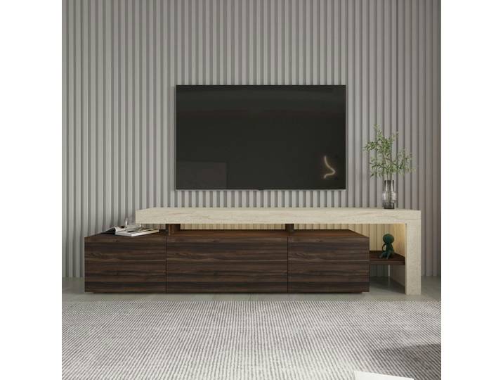 Meuble TV 3 portes, éclairage LED AURA - Chêne