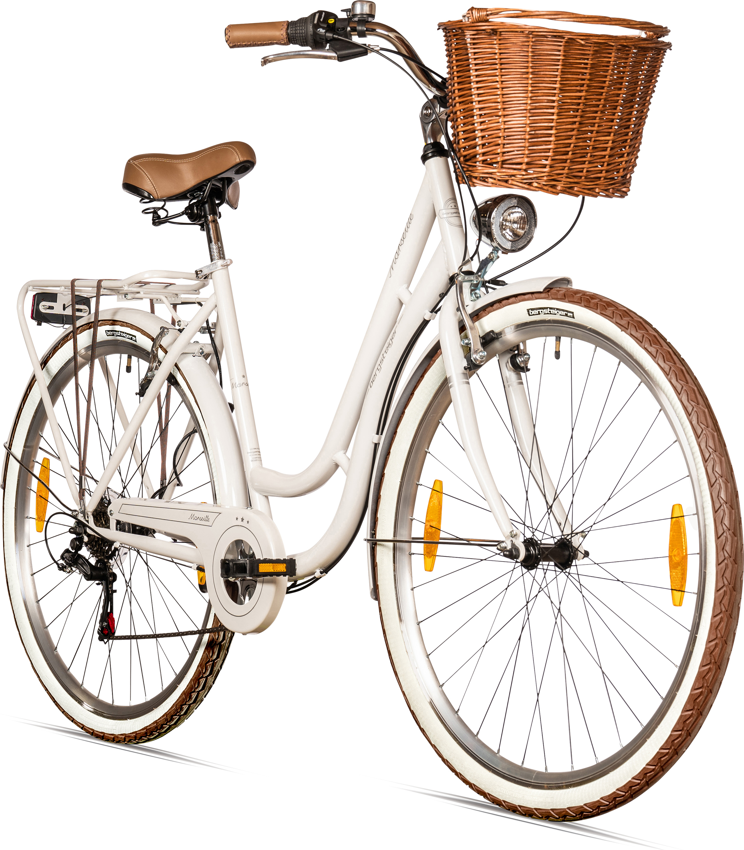 Bergsteiger Marseille 26 Zoll 28 Zoll Damenfahrrad, ab 150 cm, Korb aus Rattan, Fahrrad-Licht, Damen-Citybike, Damenrad im Retro-Design, 6 Gang Shimano Tourney Schaltung