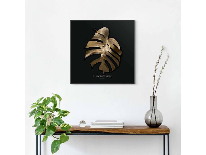 Gerahmtes Bild Monstera Blatt Gerahmtes Holzbild, beschichtet Gold/Gold 50 x 50 x 1cm