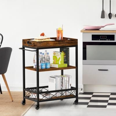 ELETHEBIA "Modern Farmhouse 3-Tier Mobile Kitchen Serving Cart Wood Metal Vintage Style Kitchen Room - 24"" L x 18"" W x 33.5"" H"