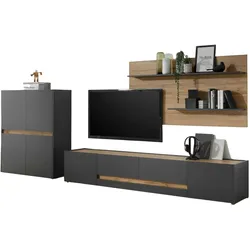 WOHNWAND 3-teilig grau matt, Eiche Wotan 343 cm, Schrankwand mit großem TV-Lowboard