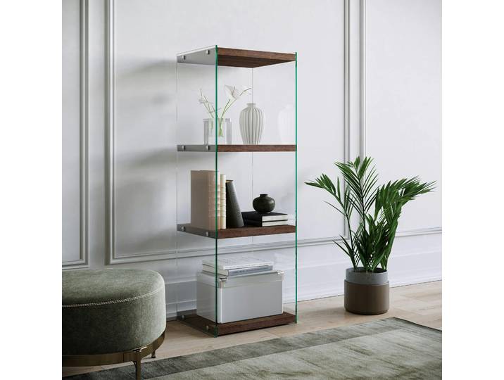 Colonne étagère design verre / bois LHASA - Brun, 4 plateaux