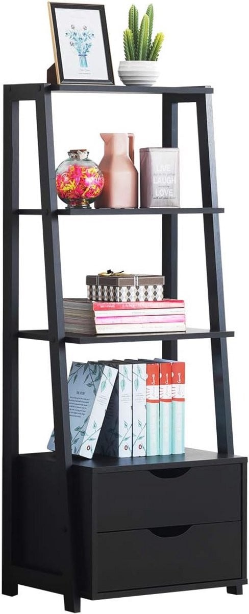 Zwarte ladderplank boekenkast met 4 niveaus en 2 opbergvakken