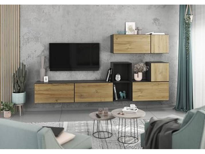 BMG Möbel Modernes Wohnzimmer Wohnwand Set 7 TLG. wählbar aus 8 Farbkombinationen, MDF Fronten tiefgezogen mit Softclose, Schränke mit Klappenfunktion, offenes Regal (Anthrazit - Evoke Eiche)