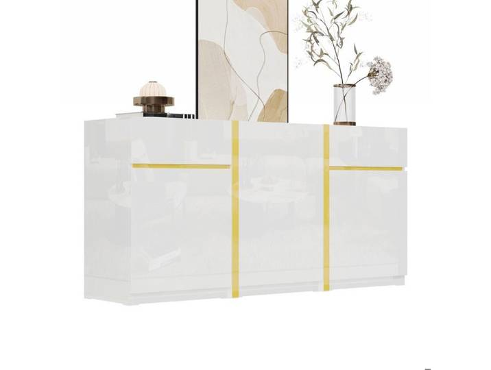 Buffet - SOGEU - 3 portes 2 tiroirs - Finition laquée brillante - Design minimaliste - Bicolore