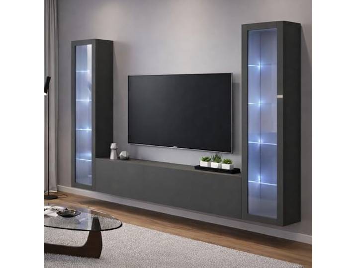 Dmora - Ausgestattete Wand Gino, 3-türiges TV-Ständer-Wohnzimmerset, Mehrzweck-Wohnzimmermöbel mit Vitrine und LED-Licht, 100% Made in Italy, 260 x 30 x 180 cm, Anthrazit,