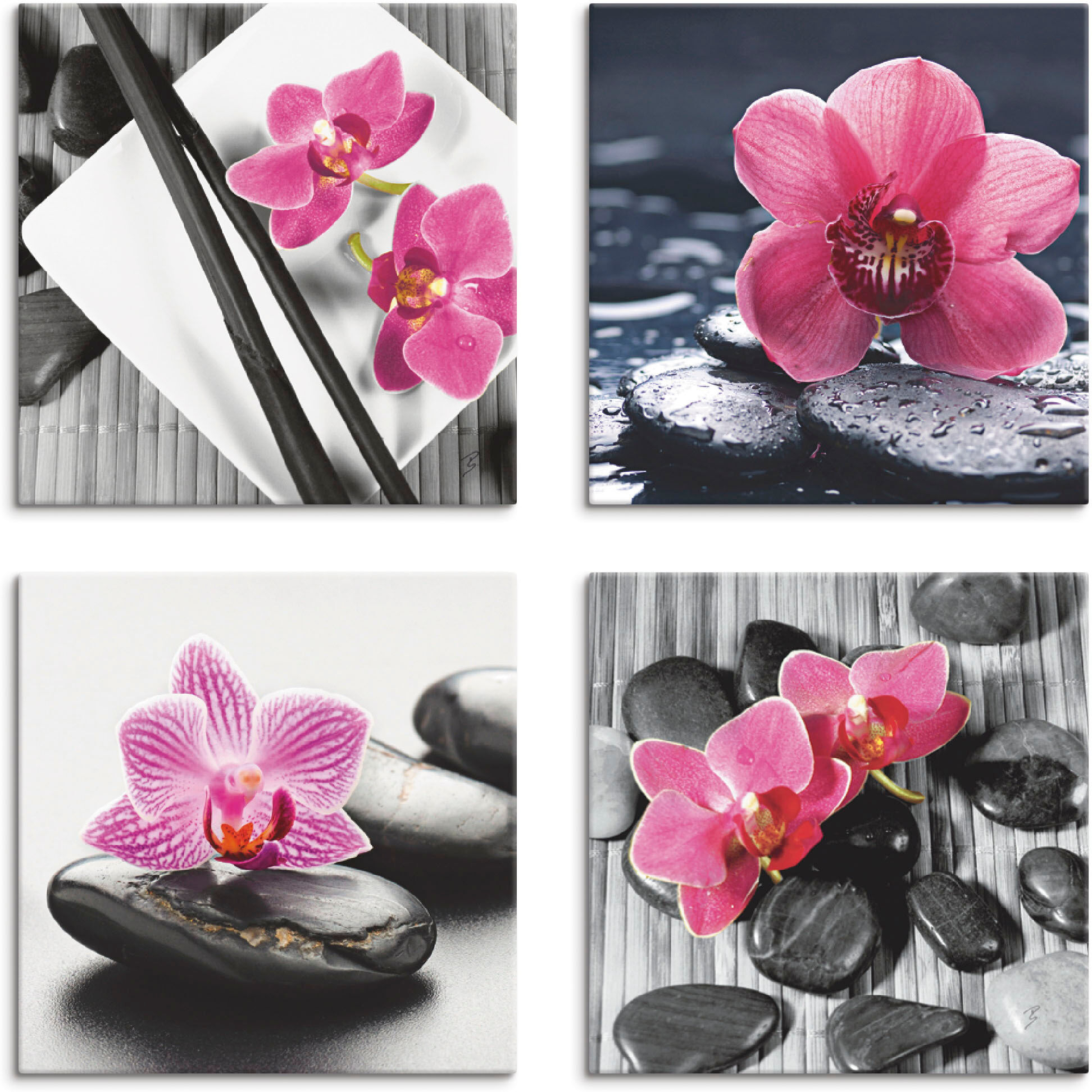Leinwandbild ARTLAND "Asiatische Komposition Orchidee Zen", pink (farbe bild(er): pink), B:40cm H:40cm, Leinwand, MDF, Bilder, Leinwandbild, 4er Set, verschiedene Grössen farbe bild(er): pink B/H/T: 40cm x 40cm, Leinwandbild Zen quadratisch, 4 Stk.