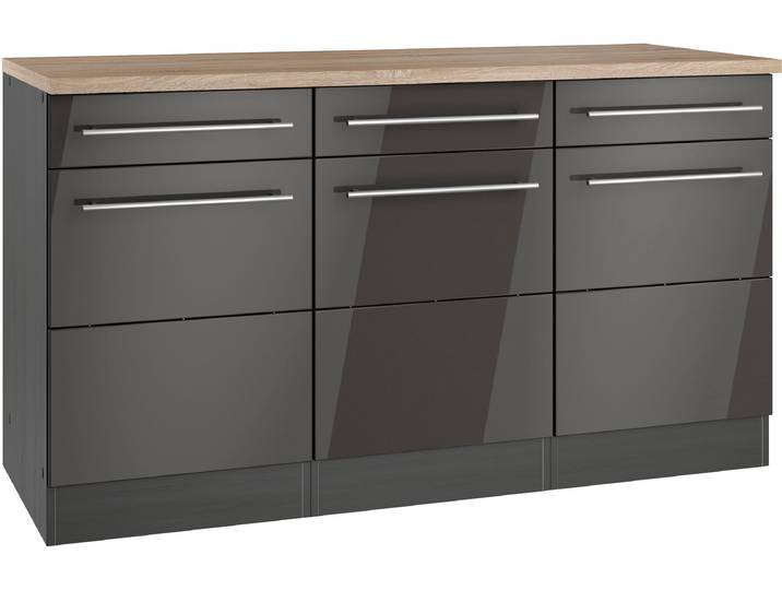 Unterschrank KOCHSTATION KS-Wien , grau (hochglanz grau, grafit), B:150cm H:85cm T:60cm, Schränke, Unterschrank, edel aussehende gestiftete Fronten