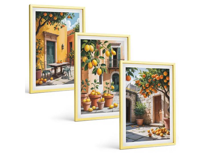 Tulup Bilder SET 3er Set - 40x60 cm Goldrahmen - Zitrusfrüchte im Garten, Goldfarben, Kunststoff, Rechteckig, 40x60 cm, Fotografie, Bilder & Rahmen, Bilder