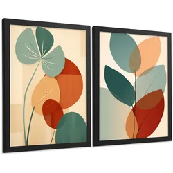 POSTER 2er-Set Wandbilder Blätter Pflanzen modern Wohnzimmer Deko, Schlafzimmer, Küche, Badezimmer Schwarzer Rahmen A3