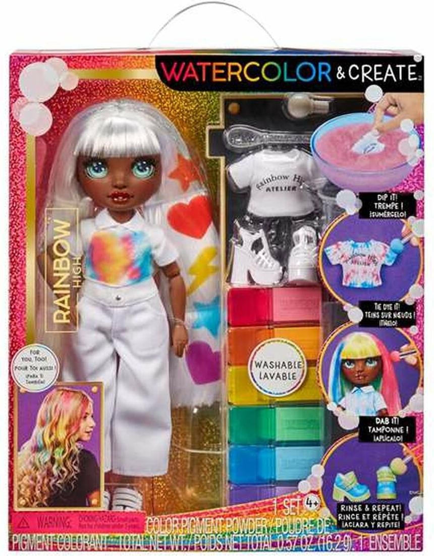 MGA Rainbow High WaterColor & Create Modepop met groene ogen, Meerkleurig