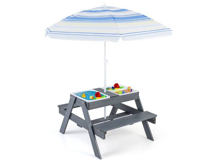 Table d'Activités Enfants DREAMADE 4 en 1 Ensemble Table et Bancs en Bois de Jardin avec Parasol Réglable 3 Boîtes Amovibles