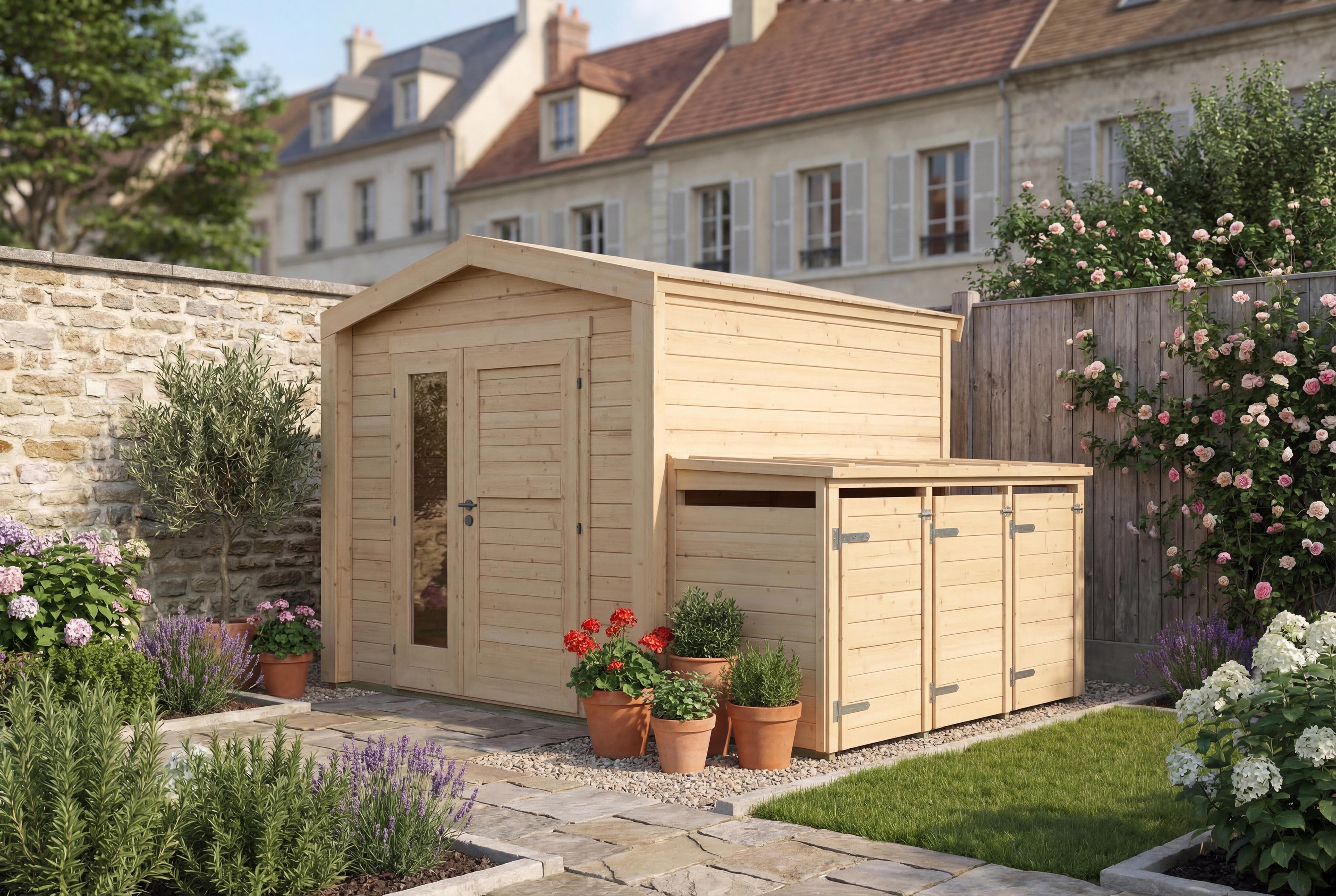 Gartenhaus Killarney, 250x250cm, Naturbelassen, 28mm, 3er Mülltonnenbox
