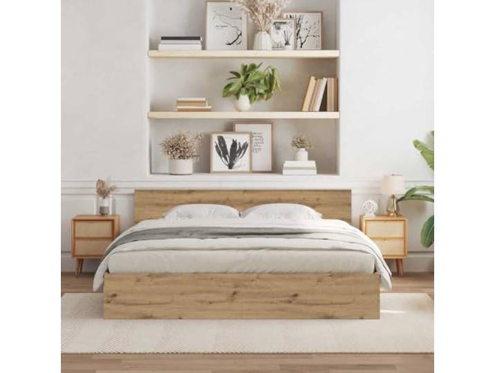 KTHLBRH Bettgestell Eiche Handwerk 203 x 185 x 70 cm Technisches Holz, Kopfteil inklusive, Wandmontage, max. 200 kg