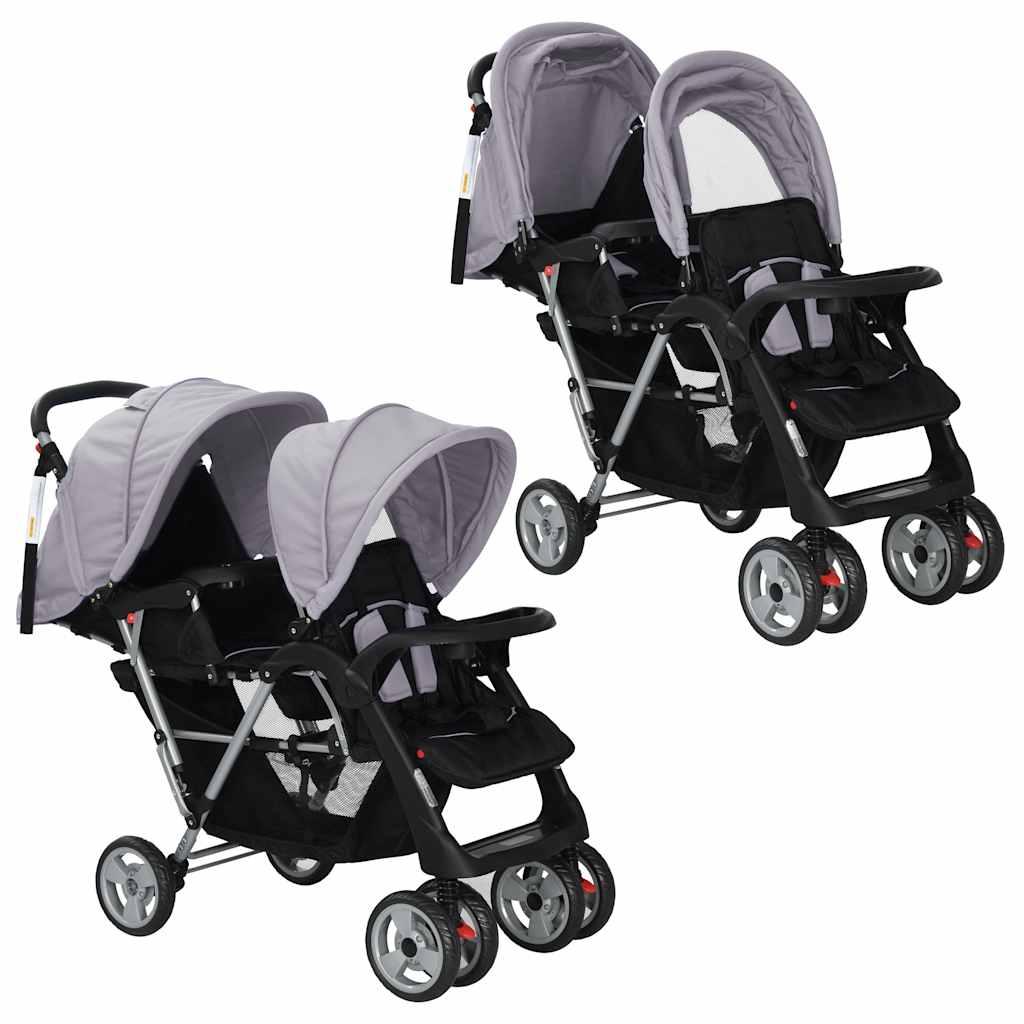 Kinderwagen - Buggy - Faltbarer Kinderwagen - Kinderwagen - Buggy für Zwillinge/Mehrlinge - Stahlrahmen - Zusammenklappbar - Sonnenverdeck - Grau