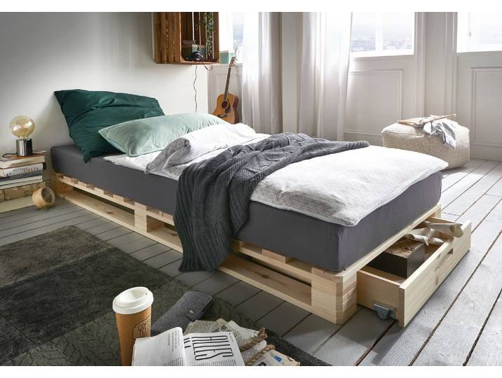 Palettenbett mit Schubkasten 90x200cm 'Finja' Kiefer massiv unbehandelt