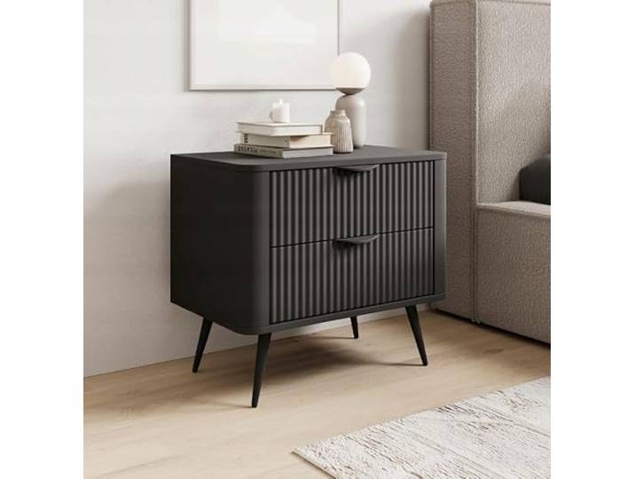 Generisch Nachttisch LANTE 60 cm – Schwarz, 2 Schubladen, gerillte Fronten, Schwarze Beine und Griffe