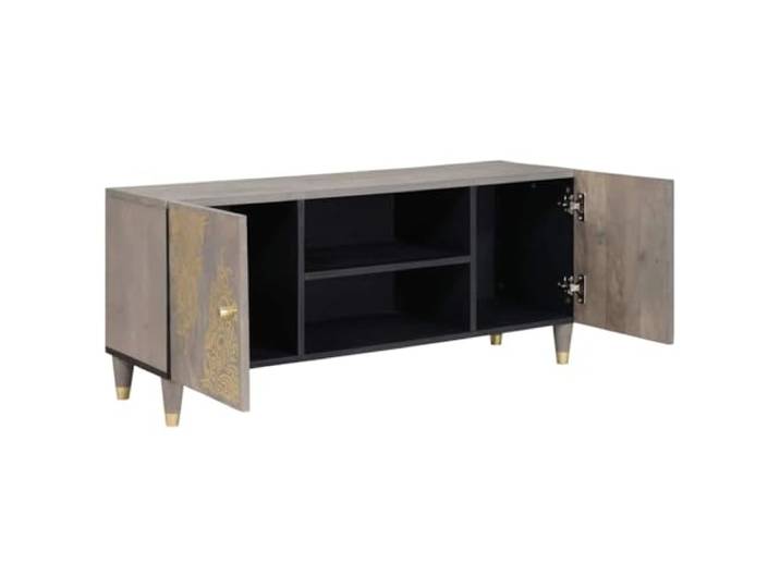 HKQWPBF TV-Schrank Grau 105 x 33 x 46 cm Massivholz Mango Goldene Messingakzente, Klapptüren, mehrere Fächer, Medien & Deko, trocken abwischbar