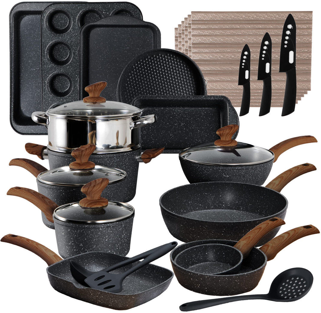 Blue Elephant 30 - Piece Non-Stick Cookware Set Black 30