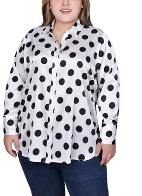 NY COLLECTION Long Sleeve Dotted Satin Blouse