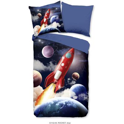 Kinderbettwäsche "Rocket", blau, B/L: 135cm x 200cm, 1 Stk., 1 Stk., Microfaser, B/L: 80cm x 80cm, 2 Stk., Microfaser, Obermaterial: 100% Polyester, PURE LUXURY COLLECTION, Bettwäsche, Mikrofaser, 135x200, Wende, Kind, Junge, Rakete Weltraum...