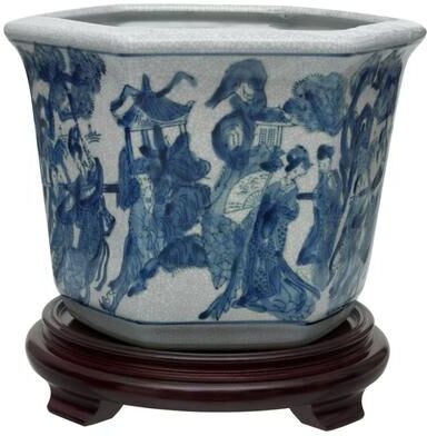 OrientalFurniture "Handmade 10"" Ladies Blue and White Porcelain Flower Pot"
