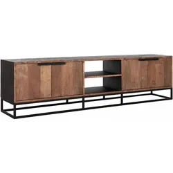 TV Board Cosmo, Teakholz massiv, Industrial Design, 205 cm, natur, schwarzes Metallgestell