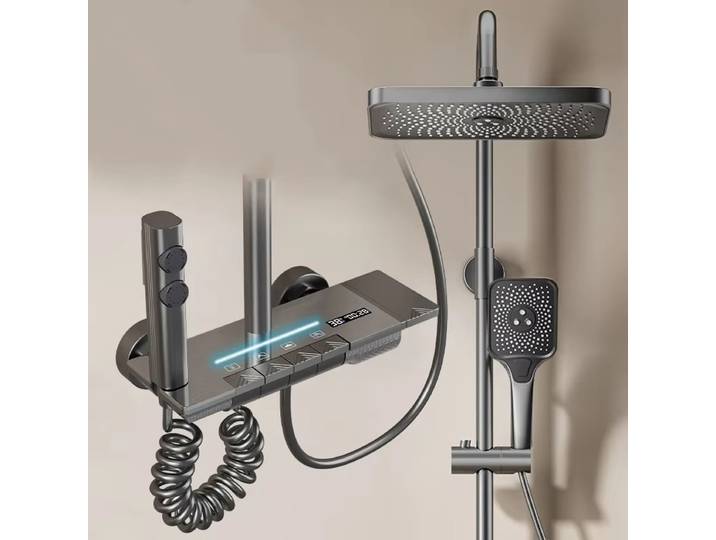 Mélangeur de douche thermostatique à affichage numérique en aluminium, bouton de piano, lumière ambiante, mélangeur de salle de bain, ensemble de pomme de douche
