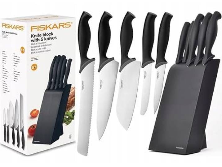Fiskars Messerblock Set, 5 Messer aus hochwertigem Edelstahl HRC52, Ergonomische Softgrip-Griffe, Schwarzer Holzblock