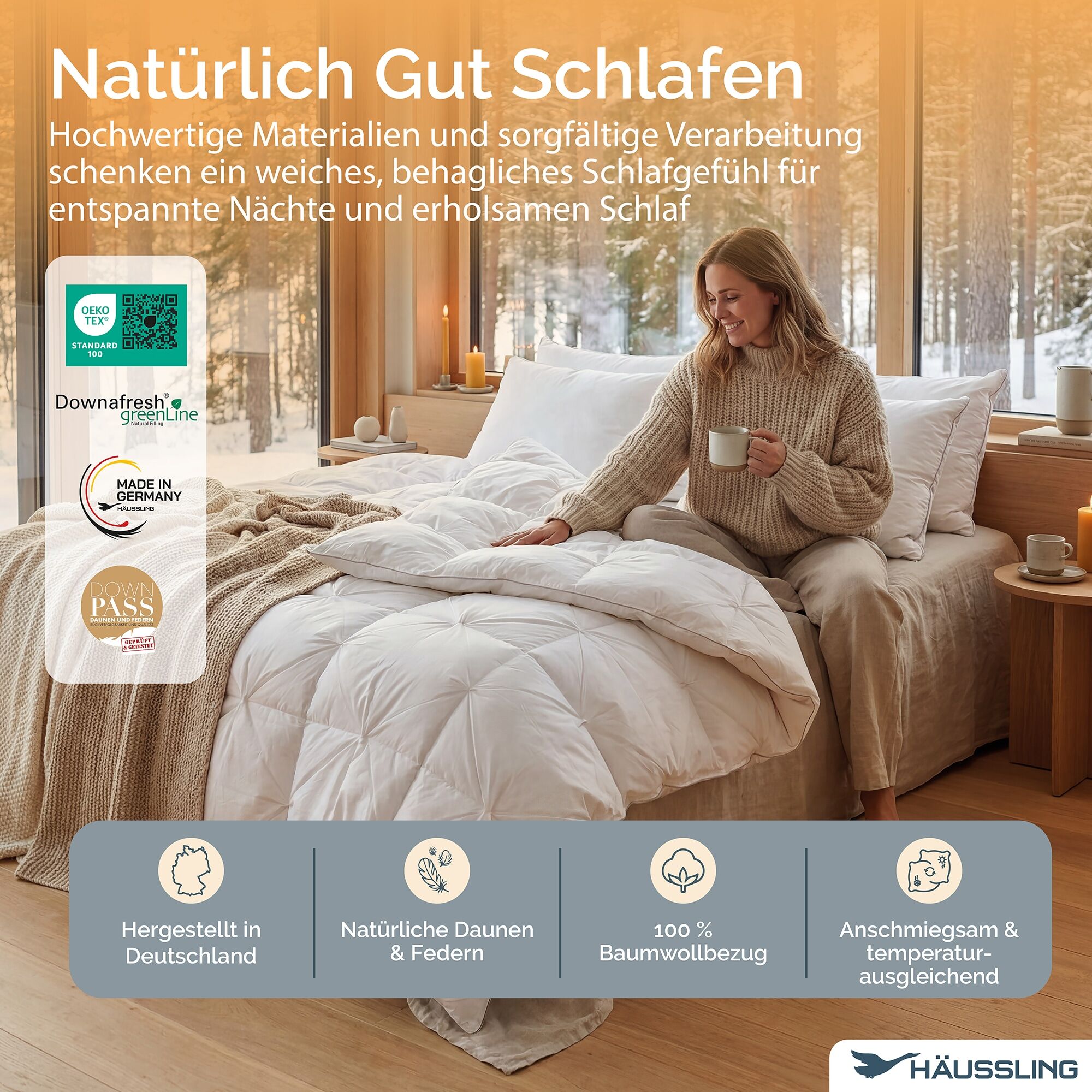 Federkopfkissen HAEUSSLING "Hygge Home Plissee (biobasiert)", weiss (weiß), B:80cm L:80cm, Bezug: 100% Baumwolle. Füllung: 70% Entenfeder, 30% Entendaune, Kopfkissen, Federkopfkissen weiß B/H/L: 80cm x 80cm, Baumwolle, 1 Stk.
