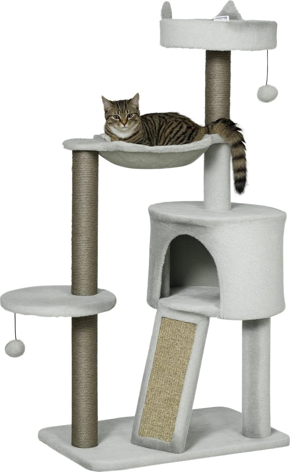 PawHut Krabboom met kattenhol, grijze krabpaal, Hoogte: 113 cm