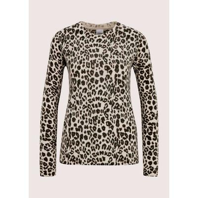 Longpullover MADELEINE "Pullover Kaschmirpullover mit Leopardenmuster", Damen, Gr. 44/46, perlweiß, braun, Modern, slim fit, Pullover Longpullover