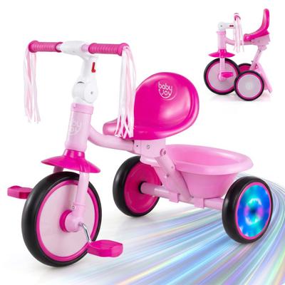 Costway Foldable Toddler Tricycle with Lighting Wheels and Basket for 2-5 Year Old-Pink