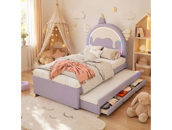 VUENOR Lit gigogne enfant 90x200 cm violet – licorne tiroirs sans matelas