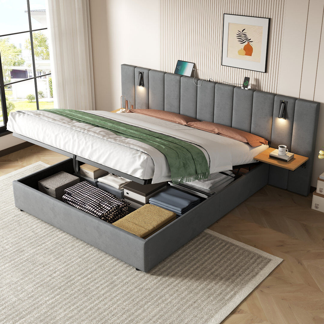 Brayden Studio Upholstered Bed With Headboard And Adjustable Bedside Shelf Grey Gray Kingsize (5')