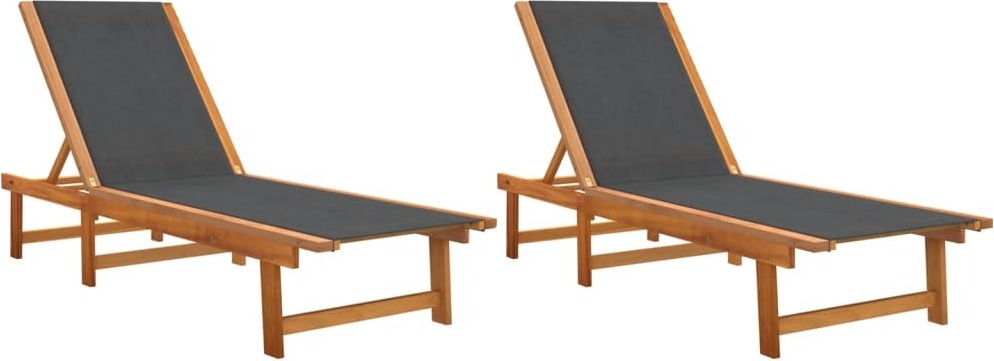 Sonnenliege 2er-Set, verstellbare Rückenlehne, Akazienholz massiv geölt, Textilene schwarz, 200x66x34 cm, Gartenliege für Pool Terrasse Balkon