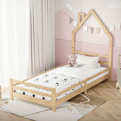 ML-Design Kinderbett Haus 90x200 cm Natur, Hausbett mit Lattenrost & Schornstein-Design, Jugendbett aus massivem Kiefernholz, Montessori Bettgestell