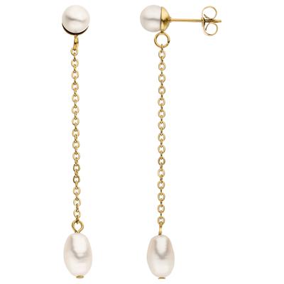 Perlenohrringe JOBO "lang mit Kette", gold (goldfarben), Ohrringe, Damen, Edelstahl Perlen, Edelstahl, Perlen, Edelstahl goldfarben mit 4 Perlen
